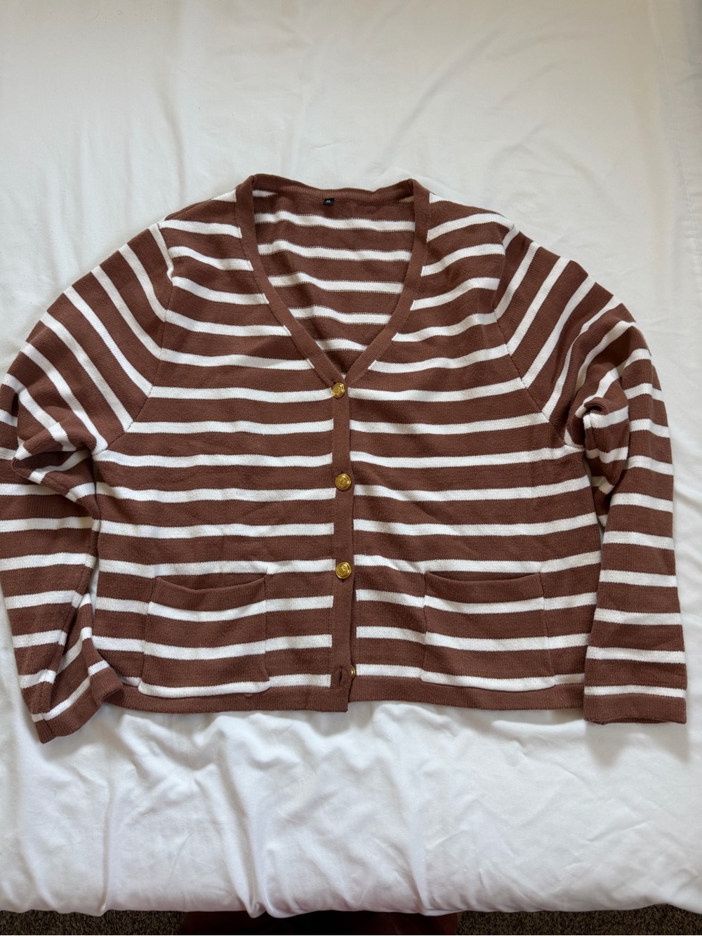 Amazon Striped V-Neck Button Cardigan in Brown and White